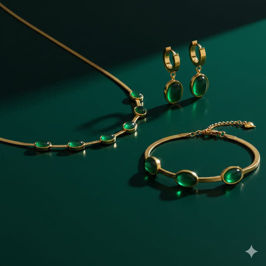 Green Crystal Pendant Necklace, Earrings & Bracelet Jewellery Set
