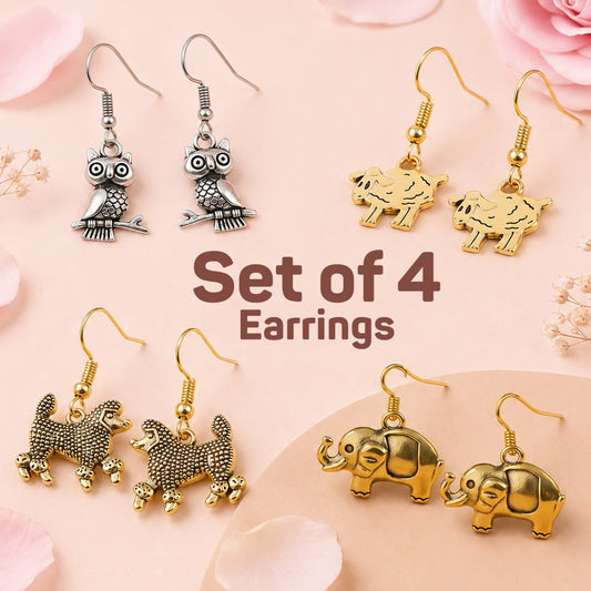 Set of 4 trendy animal charm dangle earrings