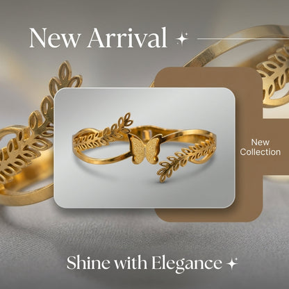 Butterfly Leaf Design Gold-Tone Cuff Bracelet - PTM