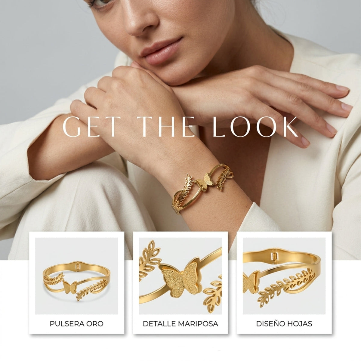 Butterfly Leaf Design Gold-Tone Cuff Bracelet - PTM