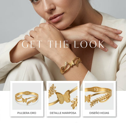 Butterfly Leaf Design Gold-Tone Cuff Bracelet - PTM