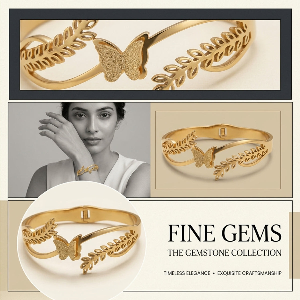 Butterfly Leaf Design Gold-Tone Cuff Bracelet - PTM