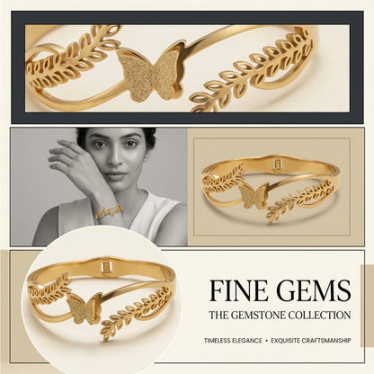 Butterfly Leaf Design Gold-Tone Cuff Bracelet - PTM