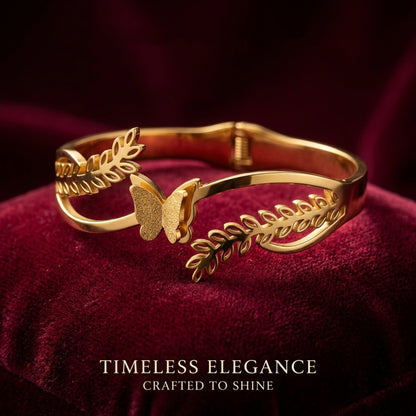 Butterfly Leaf Design Gold-Tone Cuff Bracelet - PTM